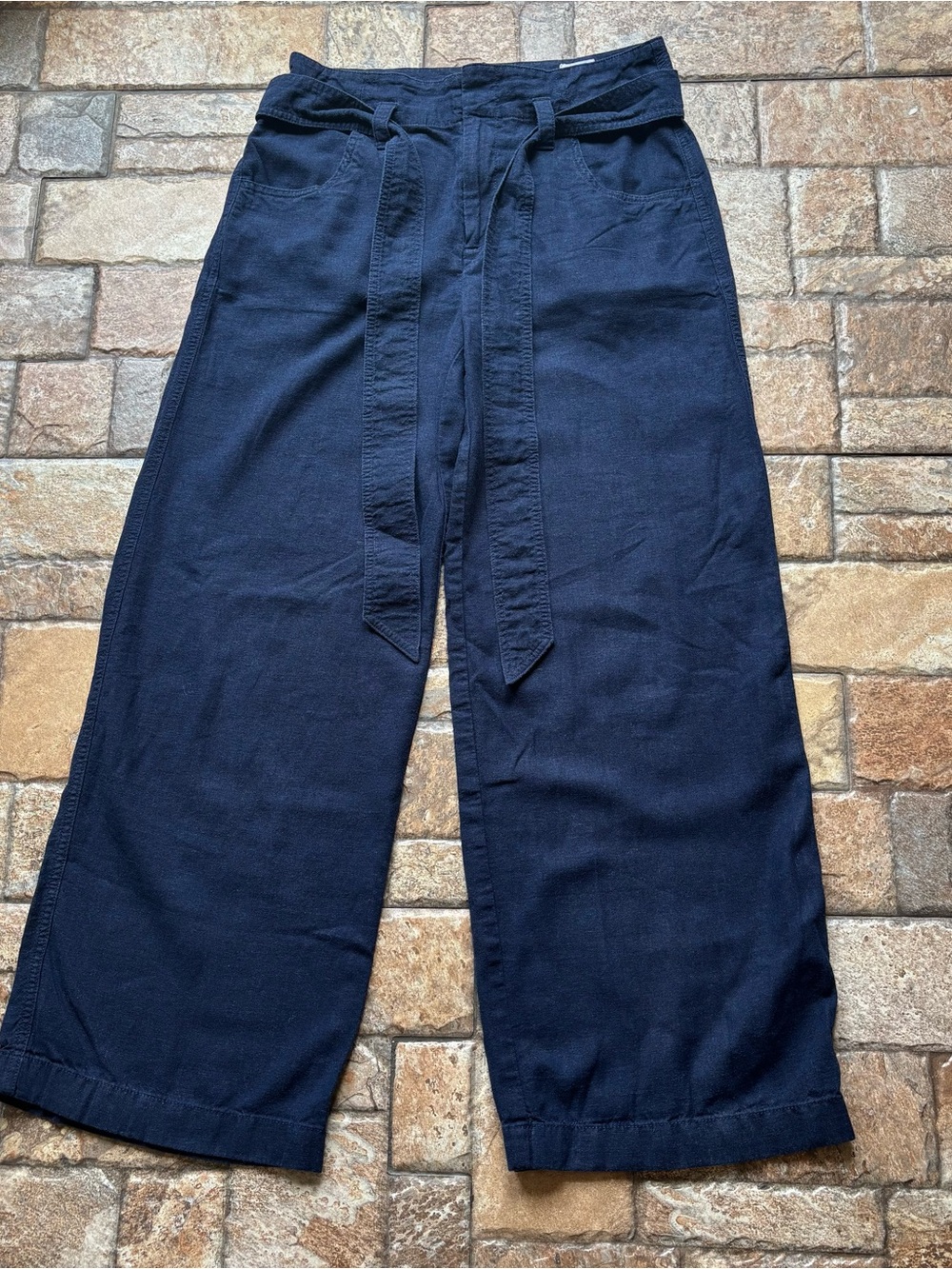 Gap Navy Linen Blend Wide Leg Belted Pants Size 6
